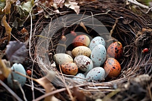 close-up of rare bird eggs in a camouflaged nest