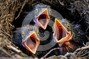 close-up of rare bird hatchlings in a nest, mouths open