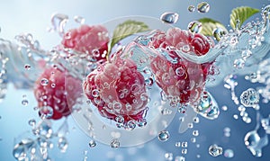 Close-up of raspberries dropped in water. Splashes around