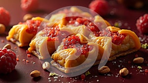 Close up of raspberry filled pastries with nuts and sugar on a dark red surface in soft lighting photo