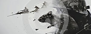 Close-up of a rat amidst the chaos of a war scene. Double exposure, copy space.