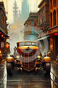 close up rat rod on futuristic city street steam punk wet road extreme detail muted colors grit generated by ai