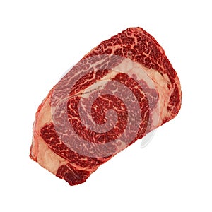 Close up raw beef ribeye steak on white