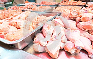 CLose up raw chicken meat on counter at fresh market