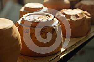 Close-up raw clay pottery chawan tea bowls drying in the sun