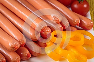 Close up of raw frankfurter sausages