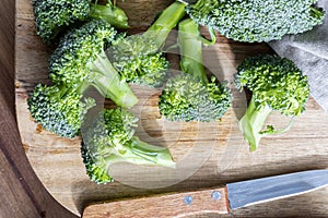 Close-up of raw, fresh broccoli BrÃÂ©col, brÃÂ³colli, brÃÂ³qui, broccoli brote, brassica oleracea stalks with drops of water in the photo