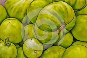 Close up raw green tomatoes on market stand