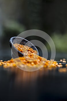 Close up of Raw Masur dal or masoor lentils or pink lentils in a black colored clay bowl on wooden surface.