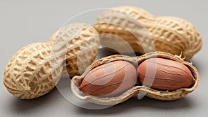 Close up of raw peanuts in shells with one shell opened revealing the nuts