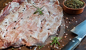 Close up of raw pork Secreto de ventresca pure iberico