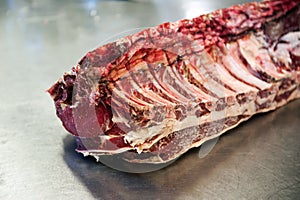 Close up of raw rib eye steak
