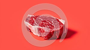 Close-up raw rib eye steak isolated on red background. Generative AI