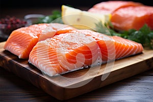 Close up Raw salmon fillets on a natural, wooden table setting