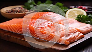 Close up Raw salmon fillets on a natural, wooden table setting