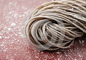 Close-up of raw soba noodles