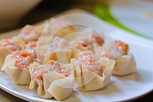 Close up raw Traditional chinese food dumpling called Shumai in Thailand called kanom jeep on white plate