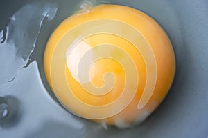 Close-up raw uncooked egg in gray bowl, top view. Macro yellow egg yolk and liquid egg whites with selective focus