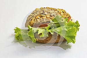 Ready to eat sandwich with cheese, tomatoe and green lettuce on white background