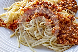 Close up spaghetti with sauce on white plate