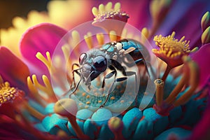 Close up Realistic Ants finding food over colorful flowers. Created with Generative Ai