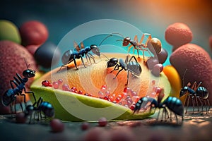Close up Realistic Ants finding food over colorful fruits. Created with Generative Ai