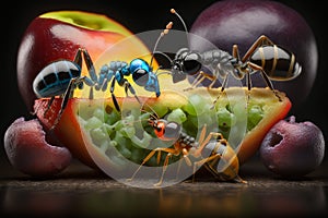 Close up Realistic Ants finding food over colorful fruits. Created with Generative Ai
