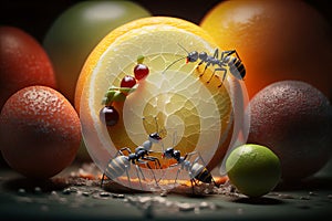 Close up Realistic Ants finding food over colorful fruits. Created with Generative Ai