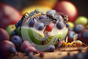 Close up Realistic Ants finding food over colorful fruits. Created with Generative Ai