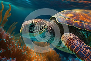 Close-up realistic sea turtle swims in the underwater world. Generative AI