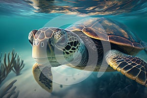 Close-up realistic sea turtle swims in the underwater world. Generative AI