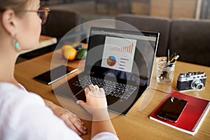 Close-up rear view of young business or student woman working at cafe with laptop computer, typing, looking at screen