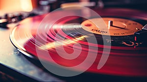 A close up of a record player with the needle on red, AI
