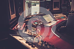 Close-up of recording studio control desk.