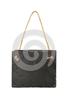 Black slate board on rope isolated on white