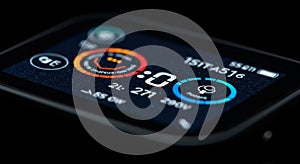 A close-up of a rectangular digital screen displaying colorful circular graphs and