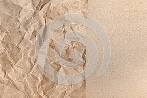 Close up of Recycled brown wrinkle crumpled old with paper page texture rough background. crease grunge parchment pattern vintage