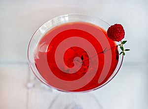Close-up of red alcohol cocktail with raspberry and thyme on white wood table.