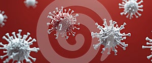 A close up of a red background with white and red viruses