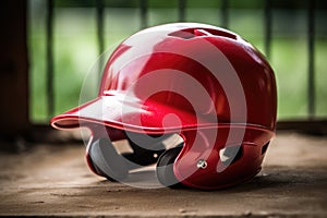 Close up of red baseball helmet on wooden surface, created using generative ai technology
