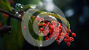 Close-up of red berries hanging from branch of an orange tree. These juicy, ripe berries are covered in water droplets