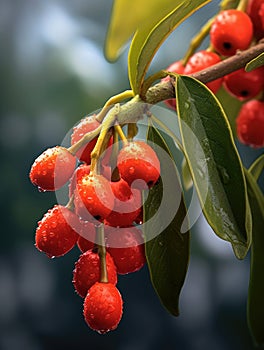 Close-up of red berries hanging from branches of an oak tree. These juicy, ripe berries are covered in water droplets