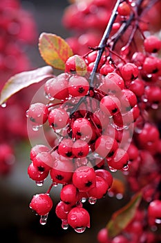 A close-up of a red berry bunch on a tree in a fall garden.