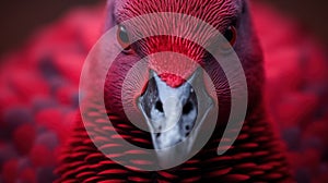 A close up of a red bird with black and white feathers, AI