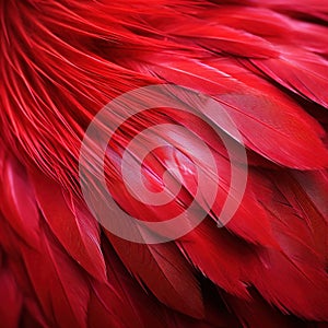 A close up of a red bird's feathers with some green in it, AI