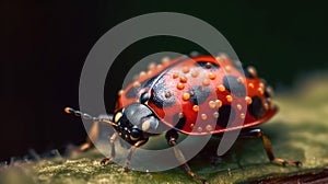 a close up of a red and black bug on a leaf