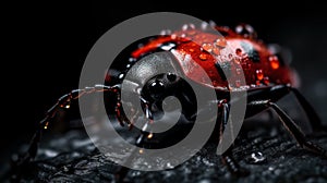 a close up of a red and black bug on a rock