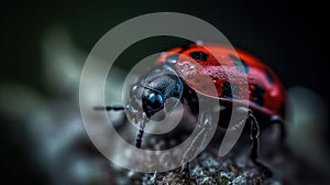 a close up of a red and black bug on a rock