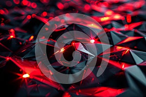 A close up of a red and black patterned surface with a glowing red light