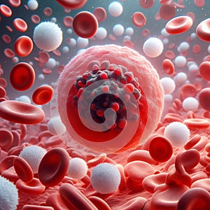 Close-up of Red Blood Cell and Virus Particles